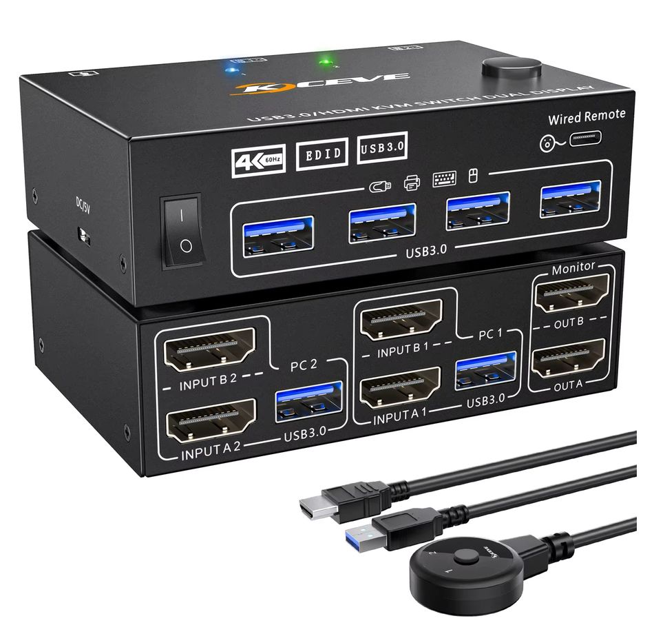 KVM-переключатель 2х2 HDMI 2.0 4K60Гц USB3.0, для двух мониторов, удлинитель кнопки переключения 1.5м, черный KVM-переключатель 2х2 HDMI 2.0 4K60Гц USB3.0, для двух мониторов, удлинитель кнопки переключения 1.5м, черный