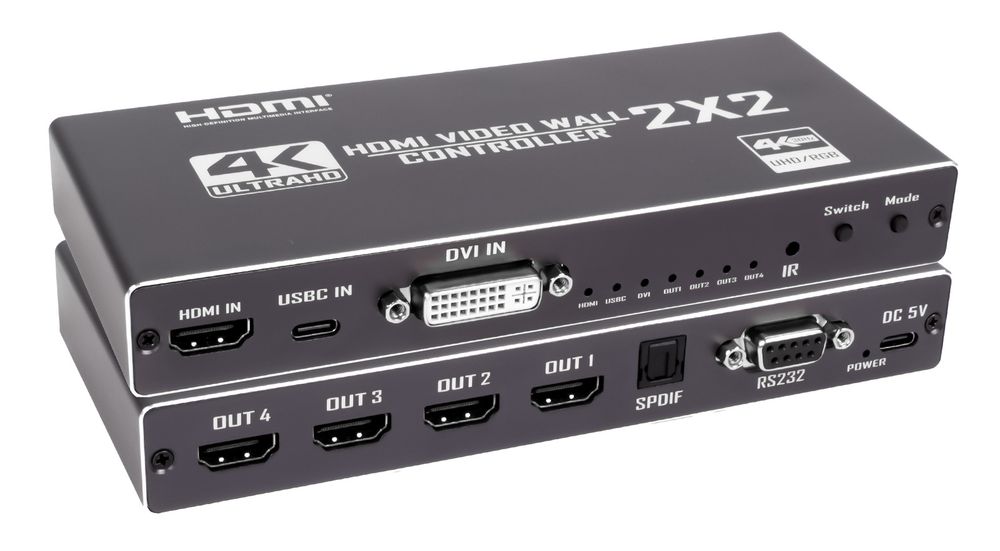 Контроллер видеостены HDMI v2.0 UltraHD 4K PRO на 4 экрана 2x2, оптика (Toslink/SPDIF), RS232, пульт ДУ