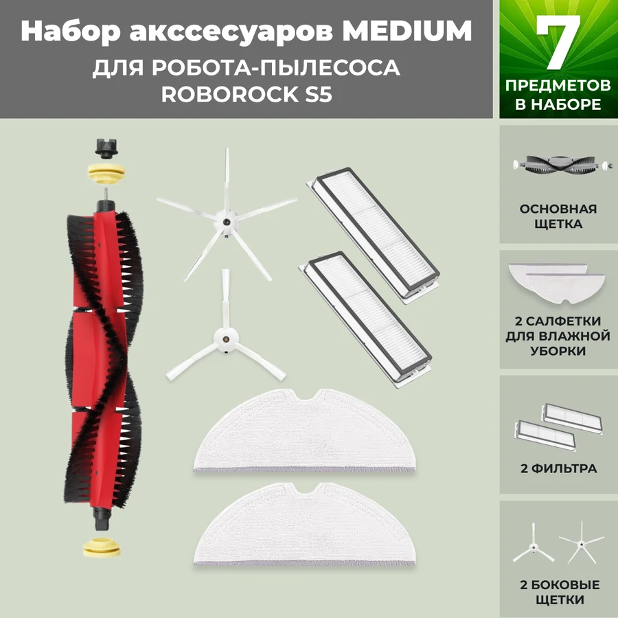 Набор аксессуаров Medium для робота-пылесоса Roborock S5, основная щетка с роликами, белые боковые щетки Набор аксессуаров Medium для робота-пылесоса Roborock S5, основная щетка с роликами, белые боковые щетки