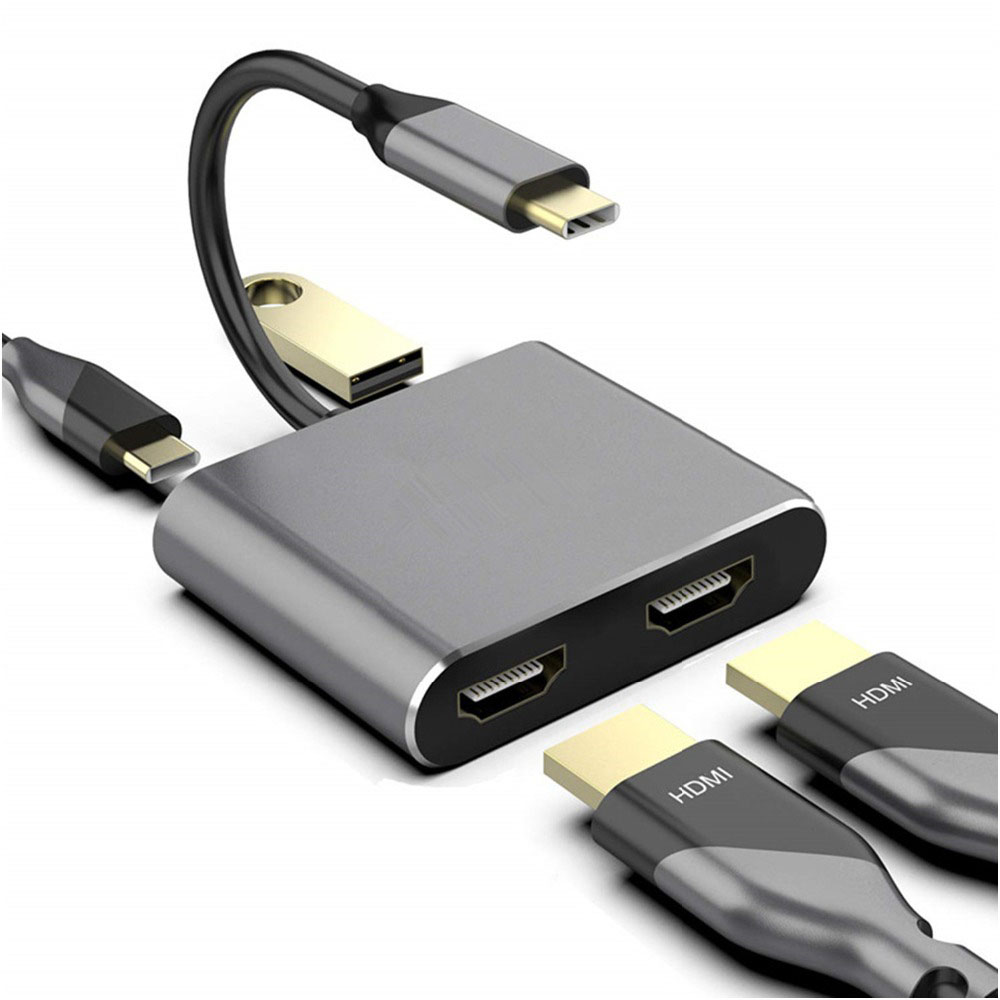 Адаптер - переходник USB3.1 Type-C - 2х HDMI - USB3.0 - USB3.1 Type-C, серый Адаптер - переходник USB3.1 Type-C - 2х HDMI - USB3.0 - USB3.1 Type-C, серый