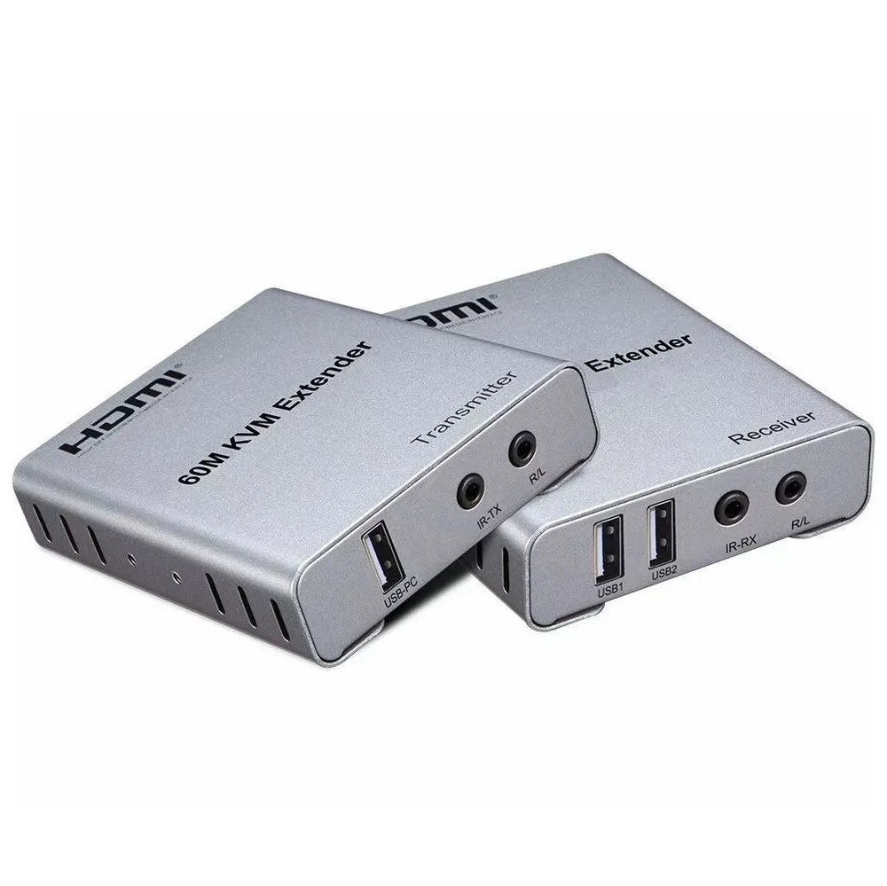 Адаптер - KVM-удлинитель HDMI по витой паре RJ45 UTP (LAN) до 60 метров, FullHD 1080p, комплект, черный Адаптер - KVM-удлинитель HDMI по витой паре RJ45 UTP (LAN) до 60 метров, FullHD 1080p, комплект, черный