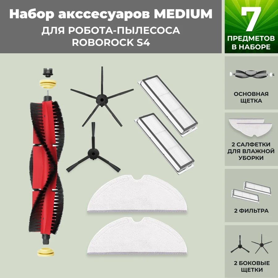 Набор аксессуаров Medium для робота-пылесоса Roborock S4, основная щетка с роликами, черные боковые щетки Набор аксессуаров Medium для робота-пылесоса Roborock S4, основная щетка с роликами, черные боковые щетки