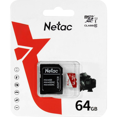 Карта памяти MicroSDXC 64GB Netac P500 ECO NT02P500ECO-064G-R, класс 10, SD-адаптер