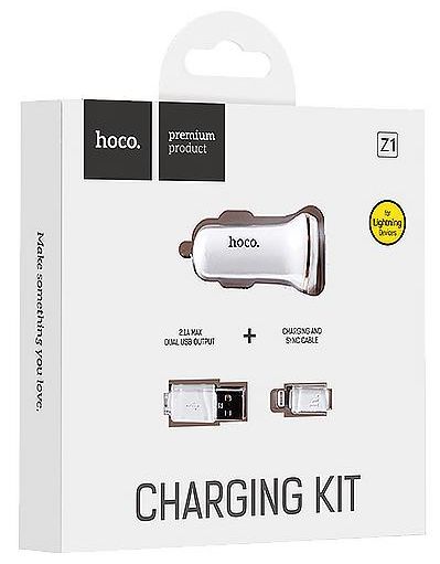 Автомобильное зарядное устройство USB HOCO Z1 с кабелем Lightning, 2.1A, 2 USB, белый