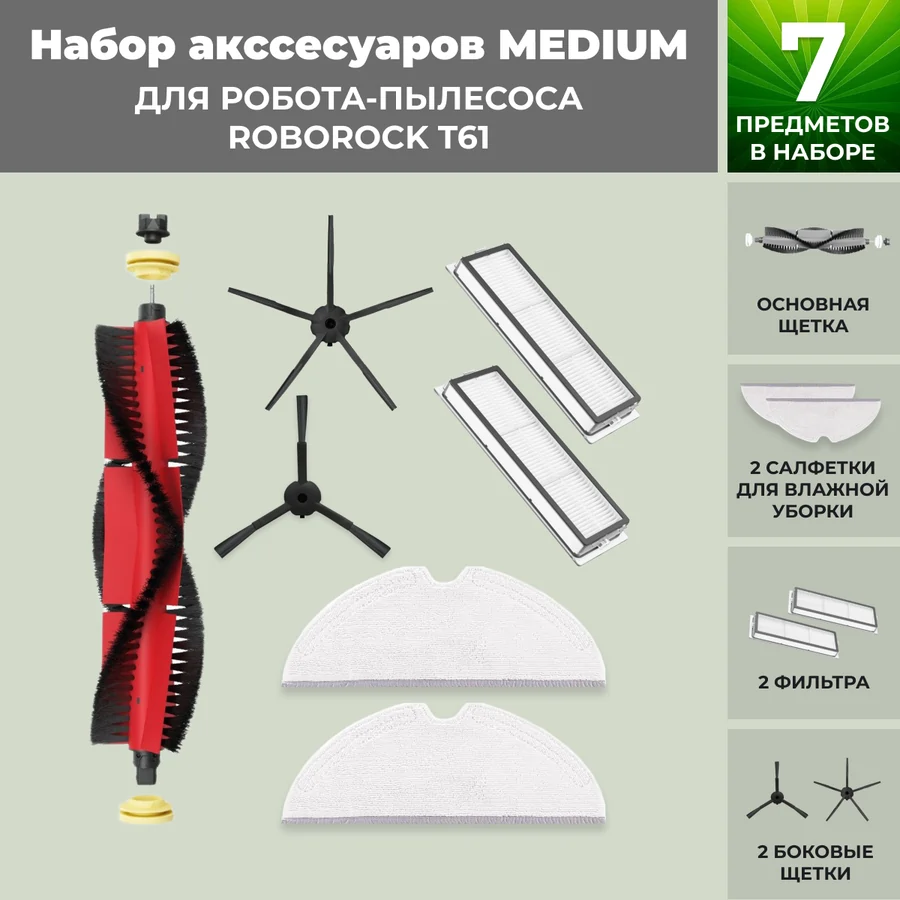 Набор аксессуаров Medium для робота-пылесоса Roborock T61, основная щетка с роликами, черные боковые щетки Набор аксессуаров Medium для робота-пылесоса Roborock T61, основная щетка с роликами, черные боковые щетки