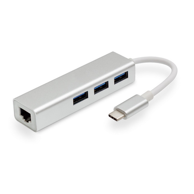 Адаптер - переходник - хаб USB3.1 Type-C на 3x USB3.0 - RJ45 (LAN) до 1000 Мбит/с, серебро Адаптер - переходник - хаб USB3.1 Type-C на 3x USB3.0 - RJ45 (LAN) до 1000 Мбит/с, серебро