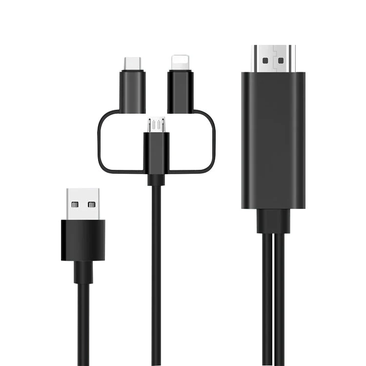 Кабель HDMI - MicroUSB - USB3.1 Type-C - Lightning для подключения смартфона к телевизору, 1,8 метра, черный Кабель HDMI - MicroUSB - USB3.1 Type-C - Lightning для подключения смартфона к телевизору, 1,8 метра, черный