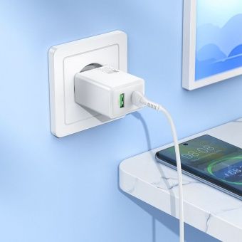 Зарядное устройство сетевое - блок питания HOCO N71, USB Type-C PD30W + USB QC3.0, белый Зарядное устройство сетевое - блок питания HOCO N71, USB Type-C PD30W + USB QC3.0, белый
