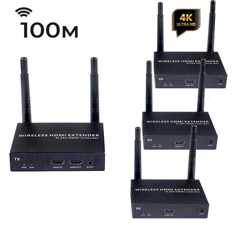 Удлинитель HDMI сигнала по Wi-Fi до 100 метров, UltraHD 4K, 1 приемник + 3 передатчика