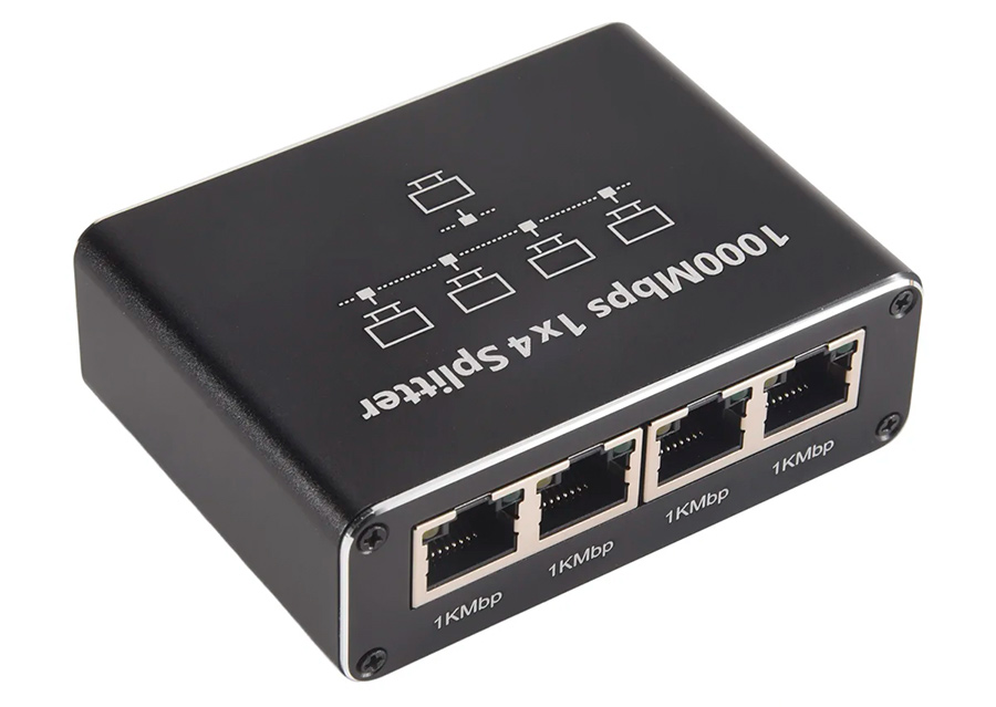 Cплиттер - разветвитель 1×4 RJ45 1000 Мбит/с, активный, черный Cплиттер - разветвитель 1×4 RJ45 1000 Мбит/с, активный, черный