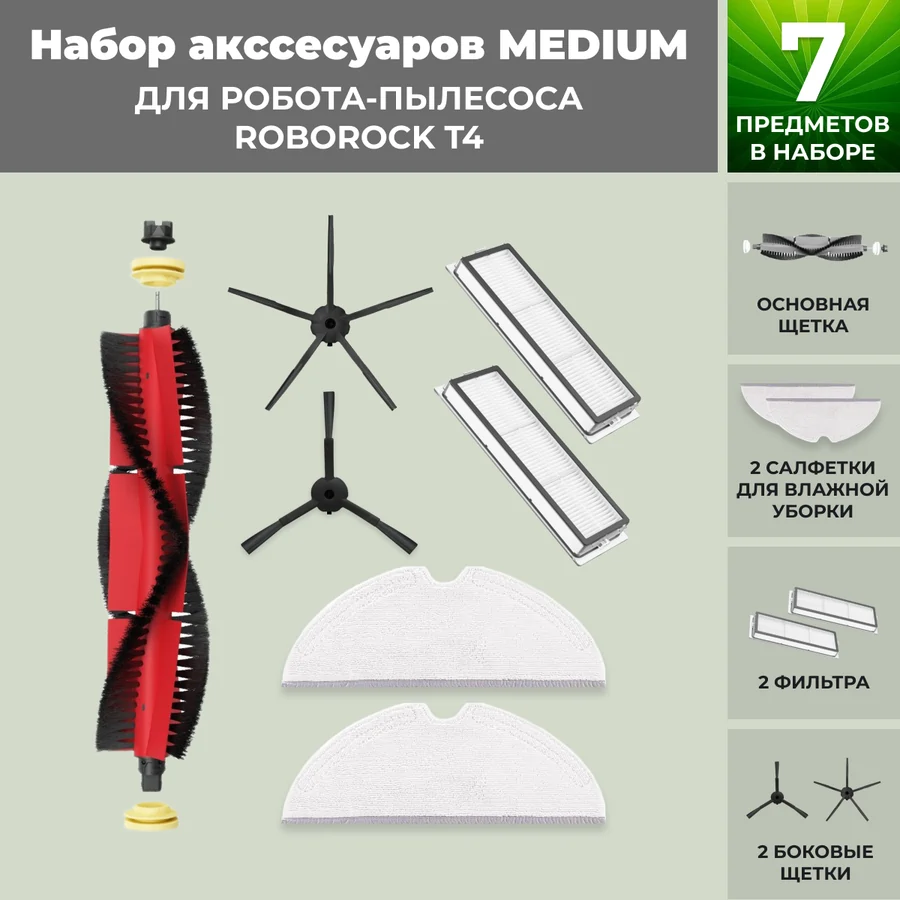 Набор аксессуаров Medium для робота-пылесоса Roborock T4, основная щетка с роликами, черные боковые щетки Набор аксессуаров Medium для робота-пылесоса Roborock T4, основная щетка с роликами, черные боковые щетки