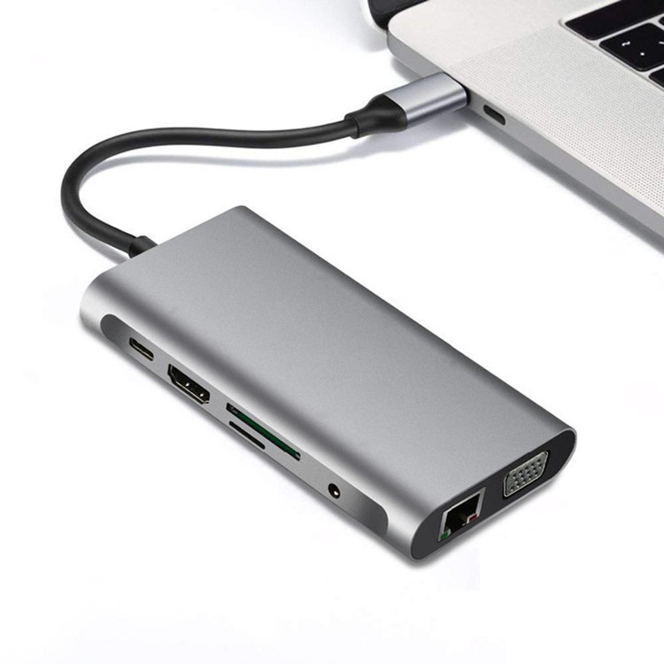 Адаптер - переходник - хаб 8in1 USB3.1 Type-C на HDMI - VGA - 3x USB3.0 - RJ45 (LAN) до 1000 Мбит/с - jack 3.5mm (AUX) - картридер SD, серый