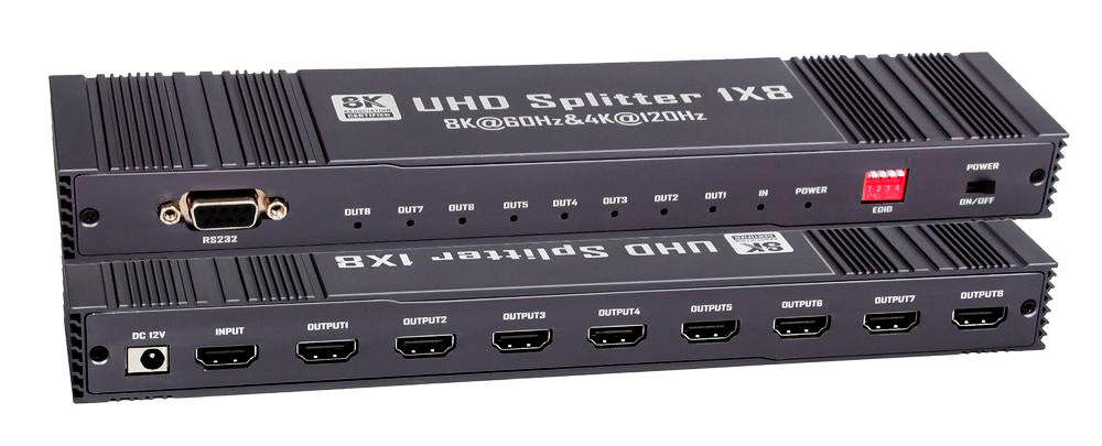Сплиттер - разветвитель 1×8 HDMI v2.1 – 8K 60Гц / 4K 120Гц, 48 Гбит/с, HDCP 2.3, HDR, VRR, алюминий