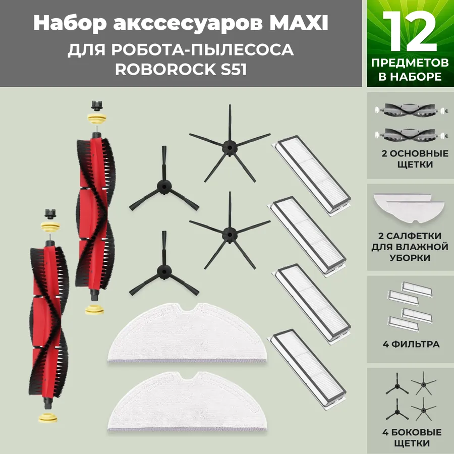 Набор аксессуаров Maxi для робота-пылесоса Roborock S51, основная щетка с роликами, черные боковые щетки