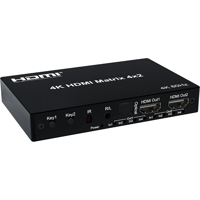 Матричный коммутатор - свитч-сплиттер 4×2 HDMI PRO, 4K 60HZ, оптика (Toslink/SPDIF), jack 3.5mm (AUX), пульт, черный Матричный коммутатор - свитч-сплиттер 4×2 HDMI PRO, 4K 60HZ, оптика (Toslink/SPDIF), jack 3.5mm (AUX), пульт, черный