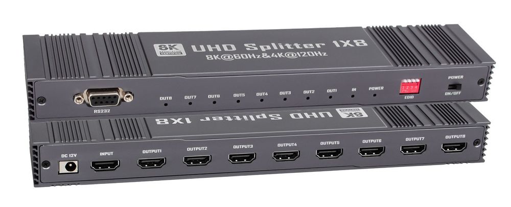 Сплиттер - разветвитель 1×8 HDMI v2.1 – 8K 60Гц / 4K 120Гц, 48 Гбит/с, HDCP 2.3, HDR, VRR, алюминий