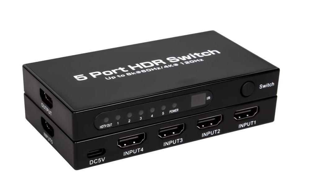 Адаптер - переключатель - свитч 5×1 HDMI 2.1 UltraHD 8K 60Гц, HDCP 2.3, пульт ДУ, активный, черный