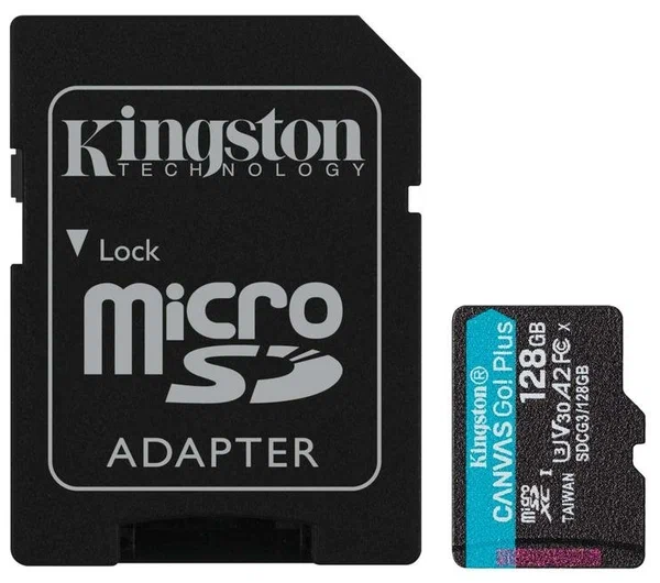 Карта памяти MicroSDXC 128GB Kingston Canvas Go! Plus A2, V30, UHS-I Class 3 (U3), класс 10, SD-адаптер Карта памяти MicroSDXC 128GB Kingston Canvas Go! Plus A2, V30, UHS-I Class 3 (U3), класс 10, SD-адаптер