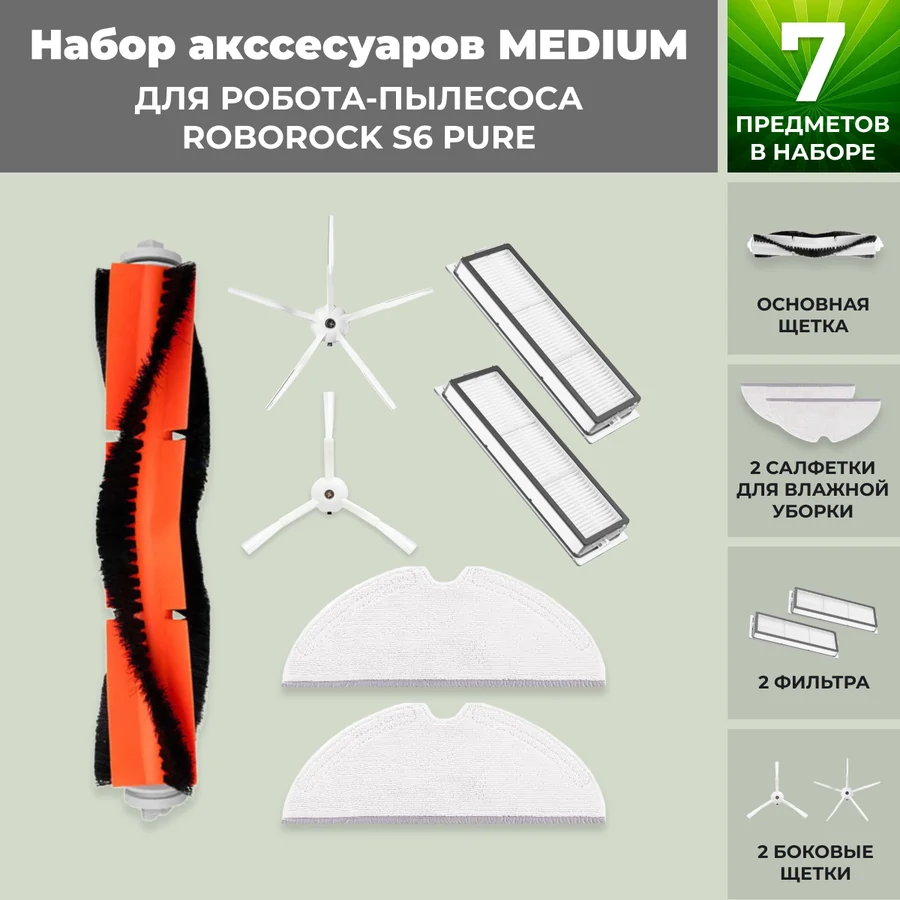 Набор аксессуаров Medium для робота-пылесоса Roborock S6 Pure, белые боковые щетки Набор аксессуаров Medium для робота-пылесоса Roborock S6 Pure, белые боковые щетки