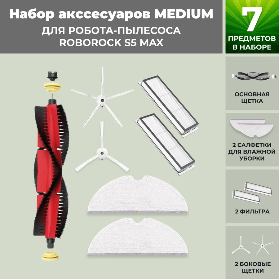 Набор аксессуаров Medium для робота-пылесоса Roborock S5 Max, основная щетка с роликами, белые боковые щетки Набор аксессуаров Medium для робота-пылесоса Roborock S5 Max, основная щетка с роликами, белые боковые щетки