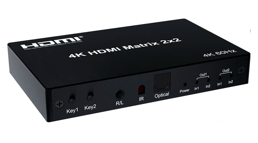 Матричный коммутатор - свитч-сплиттер 2×2 HDMI PRO, 4K 60HZ, оптика (Toslink/SPDIF), jack 3.5mm (AUX), пульт, черный Матричный коммутатор - свитч-сплиттер 2×2 HDMI PRO, 4K 60HZ, оптика (Toslink/SPDIF), jack 3.5mm (AUX), пульт, черный