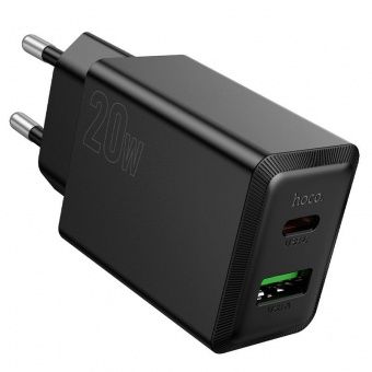Зарядное устройство сетевое - блок питания HOCO N69, USB Type-C PD20W + USB QC3.0, черный Зарядное устройство сетевое - блок питания HOCO N69, USB Type-C PD20W + USB QC3.0, черный