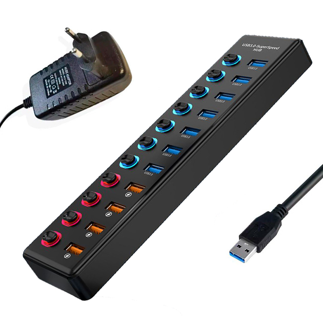 Хаб - концентратор USB3.0 11 портов mod. 611-7/4, до 5 Гбит/с, активный 12V3A с кнопками, быстрая зарядка, ABS-пластик