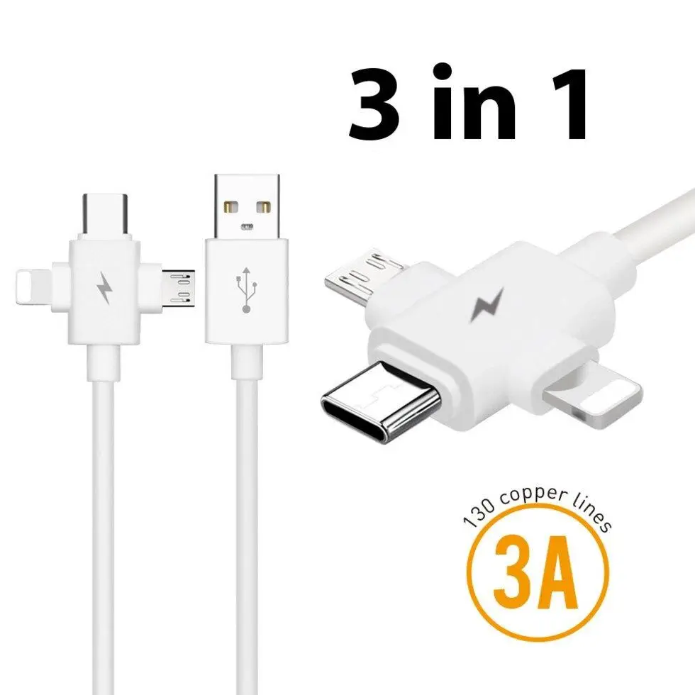 Универсальный зарядный кабель 3-в-1 USB Type-C - Lightning - MicroUSB, 3.1А, 1 метр, белый Универсальный зарядный кабель 3-в-1 USB Type-C - Lightning - MicroUSB, 3.1А, 1 метр, белый