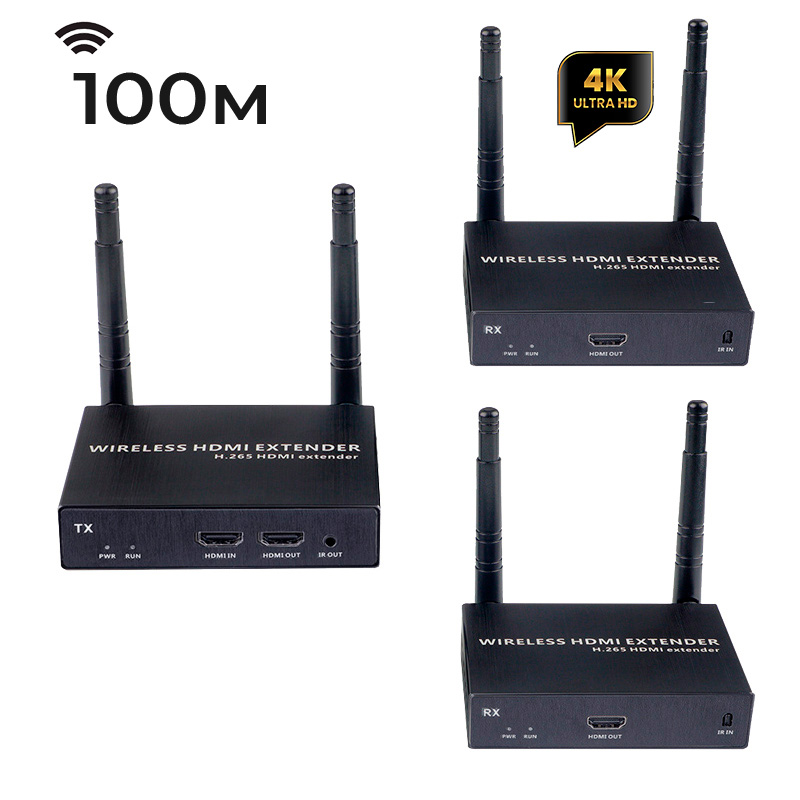 Удлинитель HDMI сигнала по Wi-Fi до 100 метров, UltraHD 4K, 1 приемник + 2 передатчика
