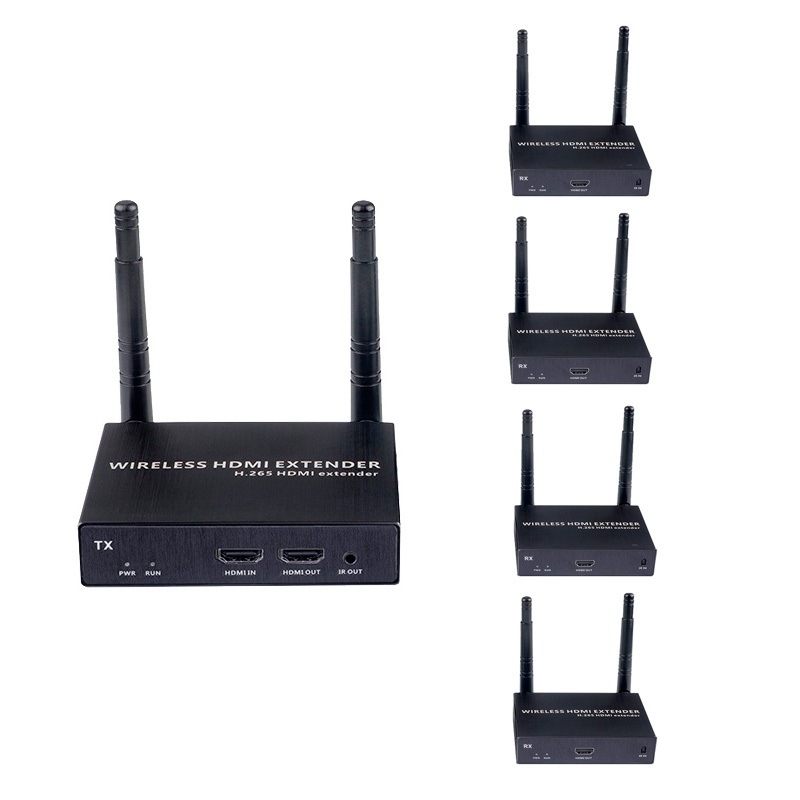 Удлинитель сигнала HDMI по Wi-Fi до 200 метров, активный, FullHD 1080p, комплект 1 передатчик + 4 приемника, черный Удлинитель сигнала HDMI по Wi-Fi до 200 метров, активный, FullHD 1080p, комплект 1 передатчик + 4 приемника, черный