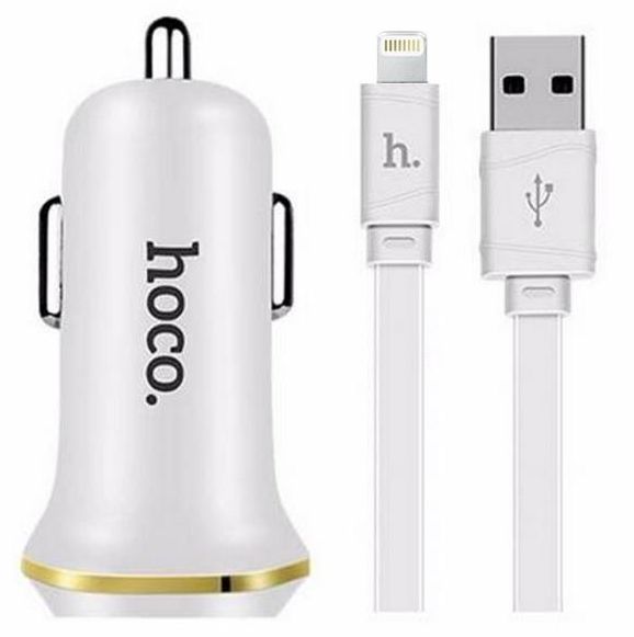 Автомобильное зарядное устройство USB HOCO Z1 с кабелем Lightning, 2.1A, 2 USB, белый