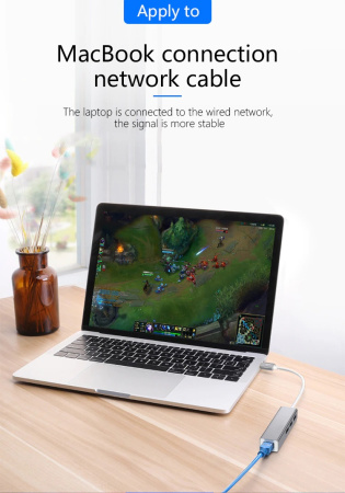 Адаптер - переходник - хаб USB3.1 Type-C на 3x USB3.0 - RJ45 (LAN) до 100 Мбит/с, серебро