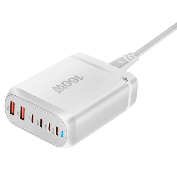 Настольное зарядное устройство - зарядная станция на 6 портов 160W USB-C / USB mod. 1006P160WW, быстрая зарядка, пластик