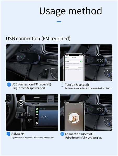 Аудио адаптер Hi-Fi AX02 FM-трансмиттер Bluetooth v5.2 - AUX 3.5мм, картридер TF, для автомобиля, громкая связь (handsfree)