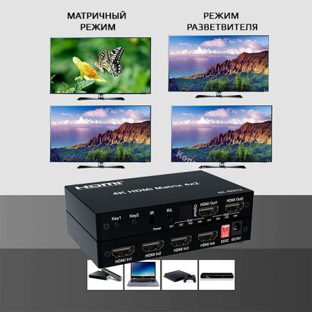 Матричный коммутатор - свитч-сплиттер 4×2 HDMI PRO, 4K 60HZ, оптика (Toslink/SPDIF), jack 3.5mm (AUX), пульт, черный