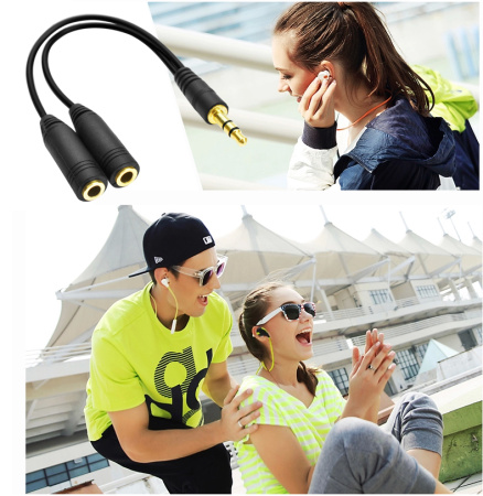 Кабель - разветвитель jack 3.5mm (AUX) - 2x jack 3.5mm (AUX), папа-мама, 0,1 метр, черный
