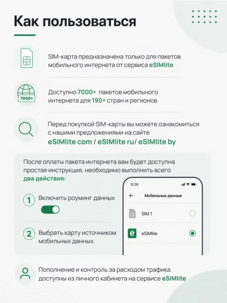 Физическая eSIM-карта для мобильного интернета от eSIMlite