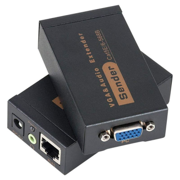 Удлинитель сигнала VGA по витой паре RJ45 (LAN) - jack 3.5mm (AUX) до 100 метров, активный, комплект, черный Удлинитель сигнала VGA по витой паре RJ45 (LAN) - jack 3.5mm (AUX) до 100 метров, активный, комплект, черный