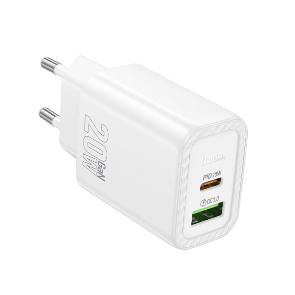 Зарядное устройство сетевое - блок питания HOCO N61, USB Type-C PD20W + USB QC3.0, белый Зарядное устройство сетевое - блок питания HOCO N61, USB Type-C PD20W + USB QC3.0, белый