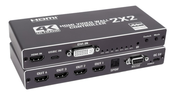 Контроллер видеостены HDMI v2.0 UltraHD 4K PRO на 4 экрана 2x2, оптика (Toslink/SPDIF), RS232, пульт ДУ
