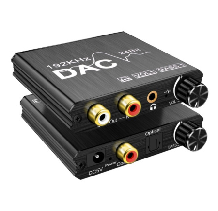 Адаптер - переходник, аудио-преобразователь с оптики (Toslink/SPDIF) на jack 3.5mm (AUX), RCA, регулятор звука и баса, черный