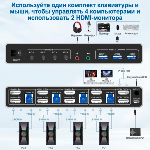 Адаптер - KVM-переключатель 4×2 HDMI v2.0 – 4K 60Гц, USB3.0, jack 3.5 мм + MIC, алюминий