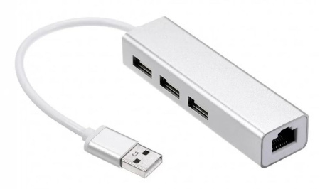 Адаптер - переходник - хаб USB2.0 - 3x USB2.0 - RJ45 (LAN) до 100 Мбит/с, алюминий, серебро