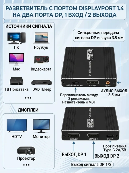 Сплиттер - разветвитель 1×2 DisplayPort v1.4 – 4K 144Гц, 32.4 Гбит/с, MST, jack 3.5мм, алюминий