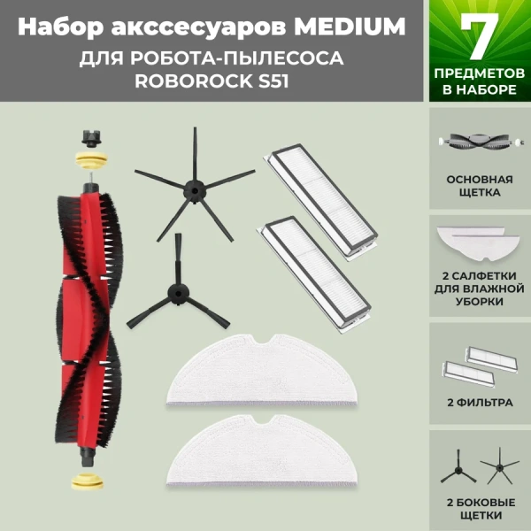 Набор аксессуаров Medium для робота-пылесоса Roborock S51, основная щетка с роликами, черные боковые щетки Набор аксессуаров Medium для робота-пылесоса Roborock S51, основная щетка с роликами, черные боковые щетки