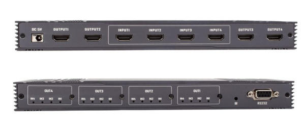 Матричный коммутатор (свитч-сплиттер) 4×4 HDMI v2.0b - 4K 60Гц, HDCP 2.2, HDR, EDID, RS232, бесшовное переключение, алюминий, пульт ДУ