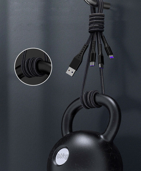 Универсальный зарядный кабель 3-в-1 USB Type-C - Lightning - MicroUSB, 5А, 1.2 метра, черный Универсальный зарядный кабель 3-в-1 USB Type-C - Lightning - MicroUSB, 5А, 1.2 метра, черный
