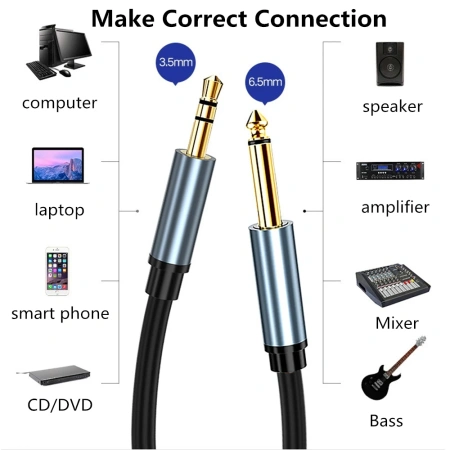 Кабель jack 6.35mm - jack 3.5mm (AUX) PRO, папа-папа, 3 метра, черный