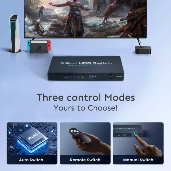 Адаптер - переключатель - свитч 3×1 HDMI 2.1 UltraHD 8K 60Гц, HDCP 2.3, пульт ДУ, активный, черный Адаптер - переключатель - свитч 3×1 HDMI 2.1 UltraHD 8K 60Гц, HDCP 2.3, пульт ДУ, активный, черный