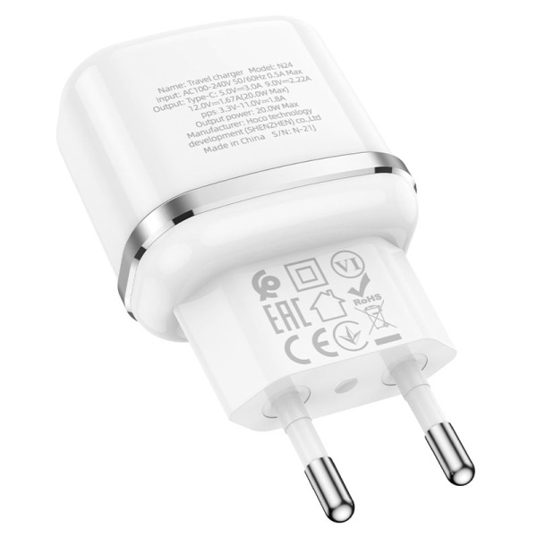 Зарядное устройство сетевое - блок питания HOCO N24, 1 USB Type-C PD20W, белый Зарядное устройство сетевое - блок питания HOCO N24, 1 USB Type-C PD20W, белый